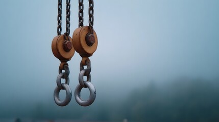Heavy duty industrial chains and hooks hang suspended in a thick foggy atmosphere with blurred trees in the background