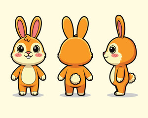 Fototapeta premium Cute cartoon orange bunny character front back and side view.