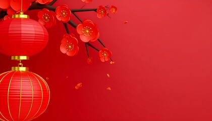 Obraz premium Vibrant Red Chinese New Year Lanterns and Blooming Cherry Blossoms Celebrate Festive Spring Occasion
