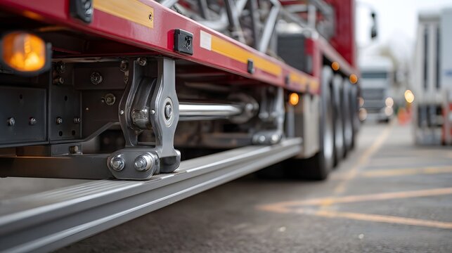 Close up view of a red truck s industrial metallic stabilizer mechanism on its chassis