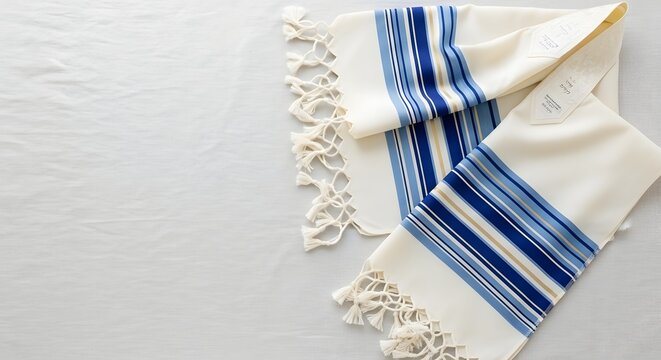 Traditional folded Jewish prayer shawl (Tallit) with blue and gold stripes on a bright white background for Hanukkah celebration concept and spiritual worship