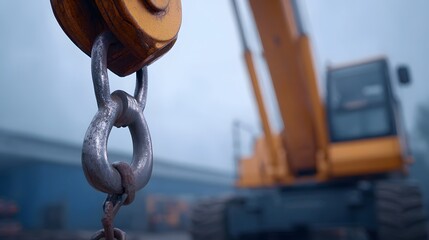 Close up of a rusty metal crane hook and shackle against a blurred misty industrial background