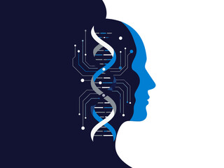 A striking graphic merges a human profile with a DNA helix and circuit board, symbolizing biometric data integrity. Modern, digital, and visually compelling.