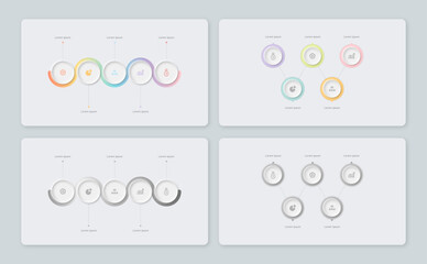 Set of 4 Minimal Neumorphic Business Infographic Templates with Circular Steps and Radial Workflow Diagrams in Soft Pastel and Gradient Colors