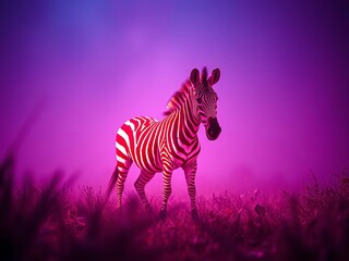 Holographic zebra stripes shimmer through a neon-drenched savanna, its silhouette sharp against the electric haze,  herd,  abstract