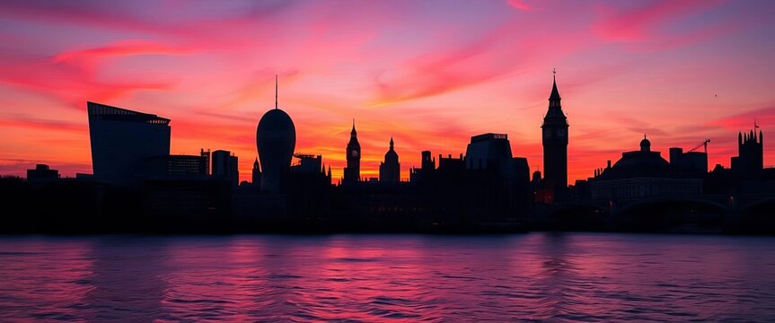 Fototapeta Iconic London skyline silhouette at sunset, showcasing major landmarks, buildings, capital