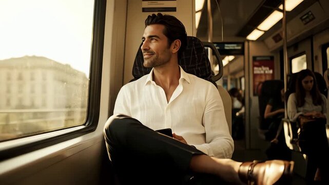 A handsome man in a white shirt smiles while using his smartphone and looking out the window on a train commute