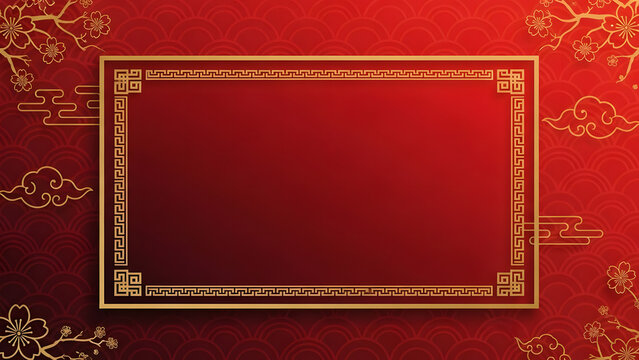 Modern luxury Chinese New Year background with thin gold frame, empty center area for text, red to dark gradatio