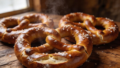 Freshly Baked Pretzel Dough, Golden Brown and Delicious, Bathed in Warm Bakery Light - Perfect for Food and Snack Advertisements