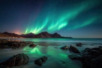 Magical nightscape: green aurora over rocky coastline and tranquil sea
