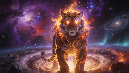 Fototapeta premium Fantasy Astronaut Exploring Circle of Inferno-Tiger, Adventure in Universe of Science and Fire - Perfect for Advertising Adventure, Exploration Themes
