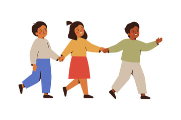 three preschool children go together and hold arms. International kids walk by hands. African american boy leads his friends and talking. Vector illustration