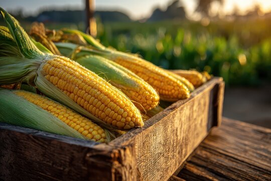 Ma&Atilde;&shy;z fresco en una cesta de madera, luz c&Atilde;&iexcl;lida de campo