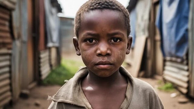 African boy gazing seriously, unprivileged child symbolizing social issues.