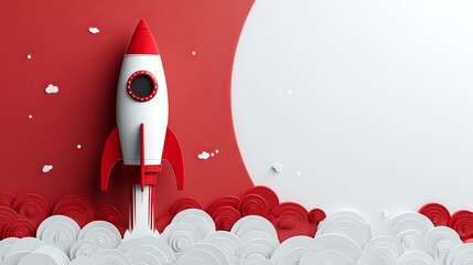Red and White Rocket Launching Through Clouds in 3D Illustration