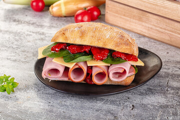 Ciabatta with mortadella, tomato, cheese and spinach