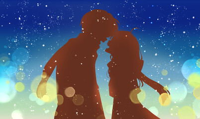 冬の幸せそうな男女　向かい合う　夜　雪　イルミネーション　シルエット