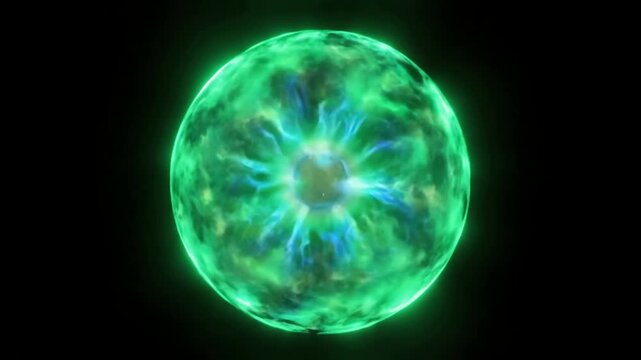A glowing green energy orb pulses with vibrant blue electric light against a black background in a seamless loop.