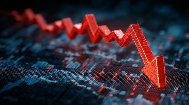 Red 3D arrow chart displaying downward trend on digital background - Powered by Adobe