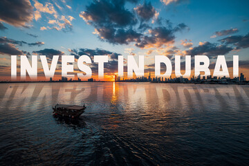 Invest in Dubai Poster background with Dubai skyline, HD wallpaper background 