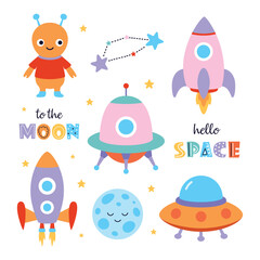 cartoon space set isolated, flat style