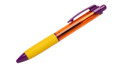 Isolated writing implement with refillable orange barrel, yellow grip, and purple accents