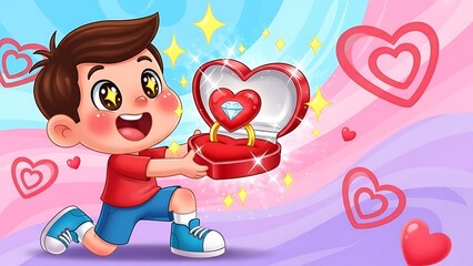 Sweet Cartoon Kid Kneeling and Presenting a Sparkling Diamond Ring in a Heart-Shaped Box | Joyful Vector Illustration of a Proposal or Valentine's Day Gift Concept.