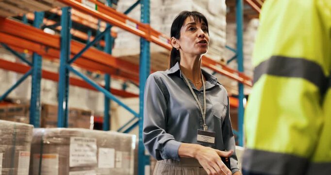 Collaboration, handshake and management with people in logistics warehouse for success or support. Greeting, thank you or welcome with supply chain team shaking hands in factory for delivery target