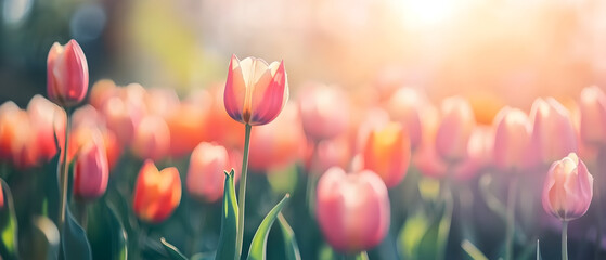Vibrant pink tulips blooming in sunny garden with soft focus background