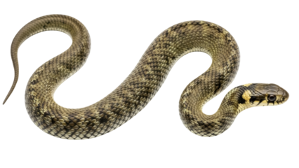 Isolated grass snake crawling in S-shape, viewed from eye-level, European reptile species