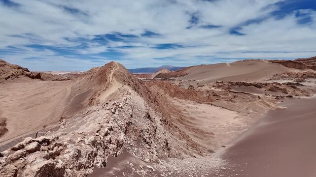 San Pedro de Atacama, Chile: Panorama footage of sand dune in Valle de la Luna or Moon valley in Los Flamencos National Reserve in Atacama's desert in Chile on cloudy day