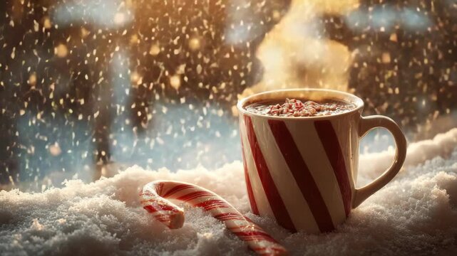Cozy Winter Scene with Striped Mug Candy Cane on Snow by Window