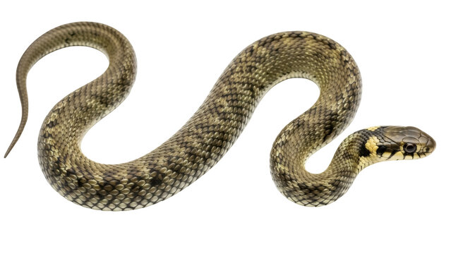 Isolated grass snake crawling in S-shape, viewed from eye-level, European reptile species