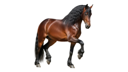 Isolated chestnut horse, powerful Andalusian breed, prancing, graceful and muscular equine
