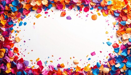 Colorful confetti border frame background with bright vibrant paper pieces scattered around the edges creating a festive celebratory atmosphere and leaving a clean white center space ideal for party d