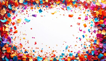 Colorful confetti border frame background with bright vibrant paper pieces scattered around the edges creating a festive celebratory atmosphere and leaving a clean white center space ideal for party d