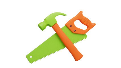Isolated colorful toy hammer and saw for kids pretending to be carpenters and builders