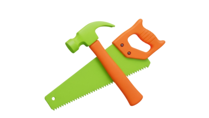 Isolated colorful toy hammer and saw for kids pretending to be carpenters and builders