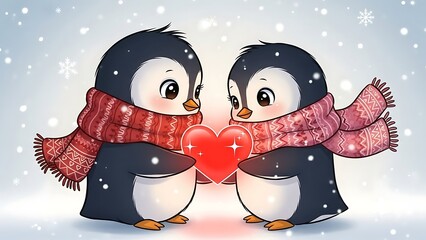 Cute Cartoon Penguins in Love Holding a Shiny Red Heart on a Snowy Winter Background. Perfect Vector Illustration for Valentine's Day, Christmas Cards, and Romantic Themes.