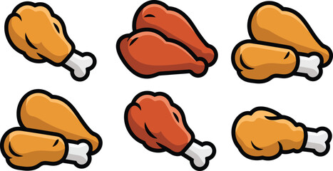 Set of various fried chicken drumsticks with bone cartoon style food items for fast food menu restaurant