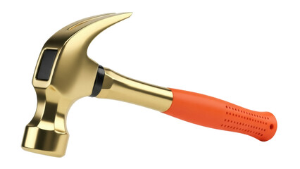 Isolated claw hammer head, orange grip, close-up studio shot. Tools and construction work