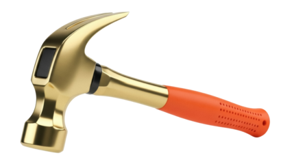 Isolated claw hammer head, orange grip, close-up studio shot. Tools and construction work