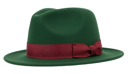 Isolated green Fedora hat with dark-red ribbon, stylish headwear for men and women in studio