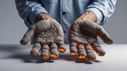 A pair of hands made of textured gray material, with glowing orange elements, creating a striking visual contrast