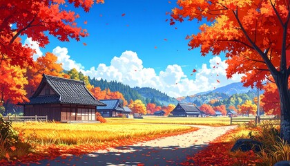 Beautiful autumn landscape of traditional Japanese countryside with vibrant red and orange maple trees, wooden houses, blue sky, distant mountains, and warm seasonal scenery perfect for travel and nat