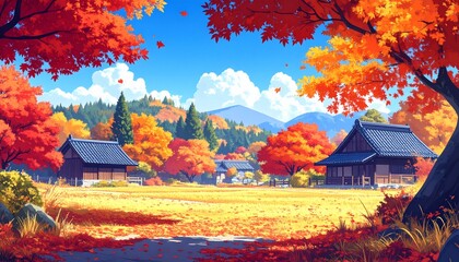 Beautiful autumn landscape of traditional Japanese countryside with vibrant red and orange maple trees, wooden houses, blue sky, distant mountains, and warm seasonal scenery perfect for travel and nat