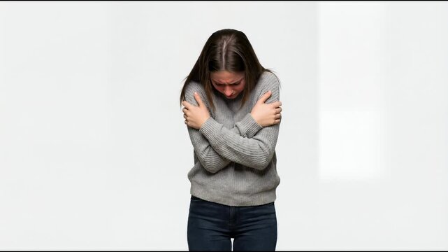 Embarrassed young woman wrapping arms around herself in emotional distress