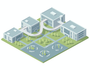 Modern office complex with green spaces and walkways