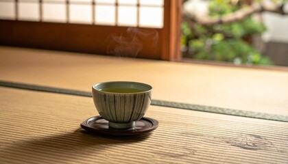 Traditional Japanese tatami room with a warm morning light illuminating a ceramic teacup by the open shoji, offering a peaceful atmosphere reminiscent of serene lake and Mount Fuji views