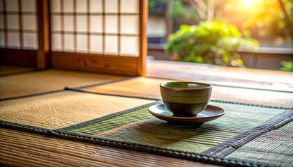 Traditional Japanese tatami room with a warm morning light illuminating a ceramic teacup by the open shoji, offering a peaceful atmosphere reminiscent of serene lake and Mount Fuji views